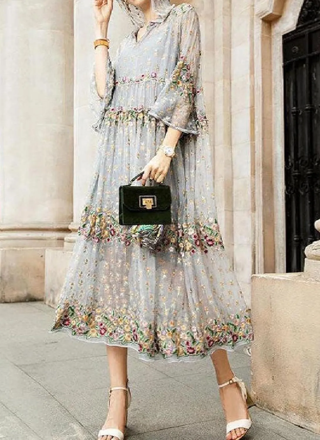 Women's Summer Layer Boho Floral Print Travel Midi Dress Stylish Hoodie 3/4 Sheer Bell Sleeve Shift Vacation Dresses