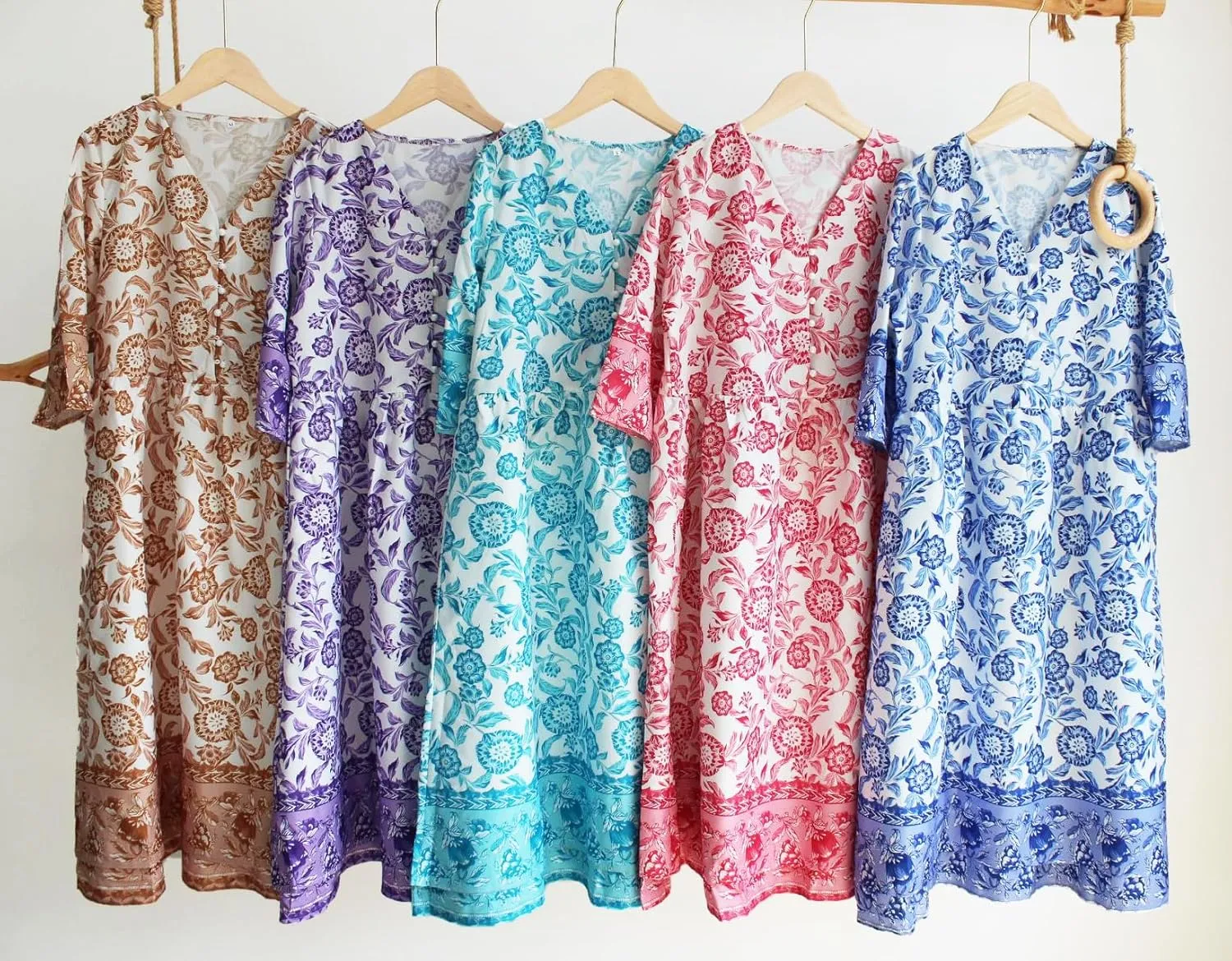ZOCAVIA Womens V Neck Midi Dress Casual Boho Half Sleeve Dresses Elegant Flowy Dress Floral Chiffon Vacation Loose Dress