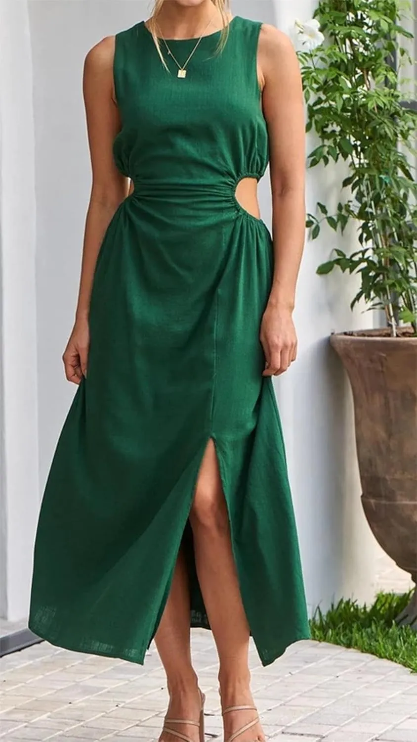 ZWRXW Long Linen Dress for Women Cutout Waist Slit Maxi Dress Summer Casual Crewneck Sleeveless Tank Dress Work Office Dress