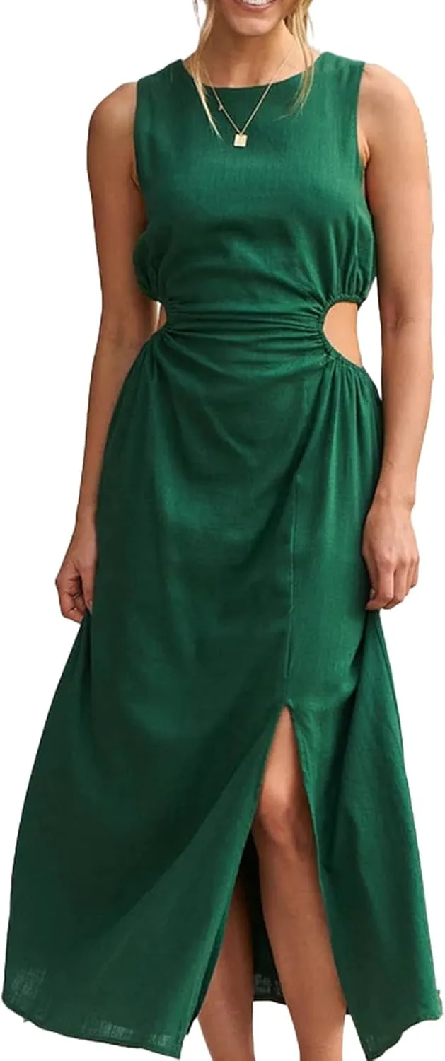 ZWRXW Long Linen Dress for Women Cutout Waist Slit Maxi Dress Summer Casual Crewneck Sleeveless Tank Dress Work Office Dress
